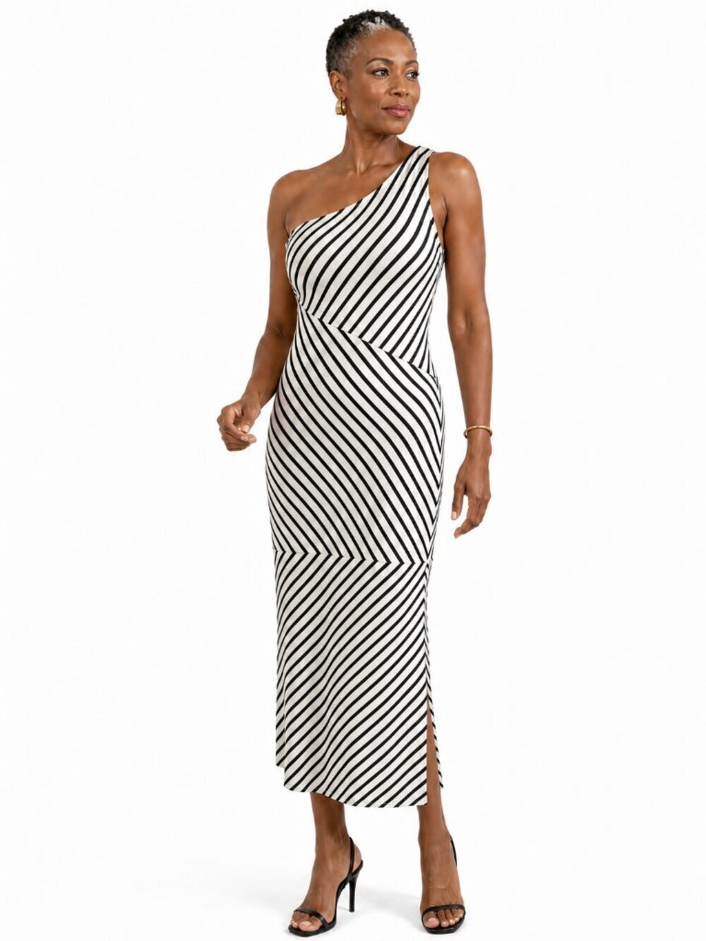 Rachel Pally Nikolla Midi Dress Black White Stripe One Shoulder Size S